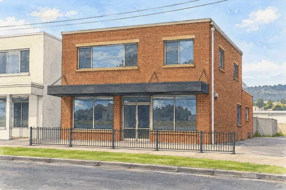 AI-generated illustration of the two-storey brick Sandy Foot Pizza Cafe storefront and its paved street frontage; not a documentary photograph.